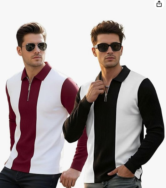 T-Shirt for Men Zip Neck Cotton Blend Mens Tshirts